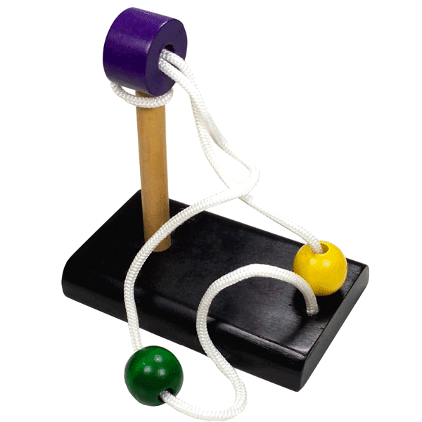 Double ball wood and rope disentanglement puzzle with black base