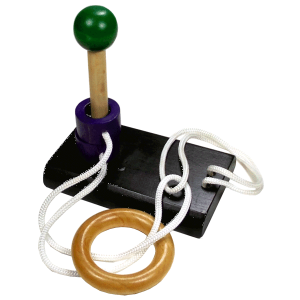 Wood ring and rope disentanglement puzzle with black base
