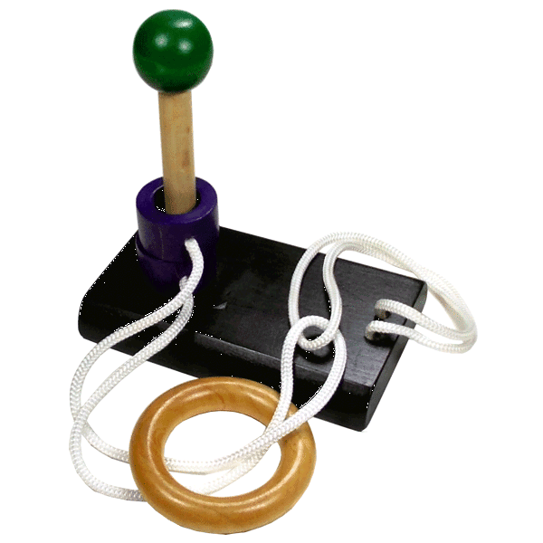 Wood ring and rope disentanglement puzzle with black base 