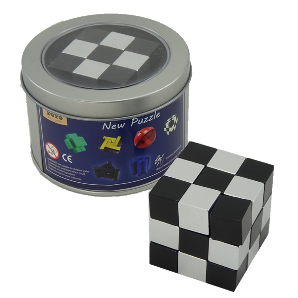 Stretchy Cube puzzle on an elastic rope in a tin